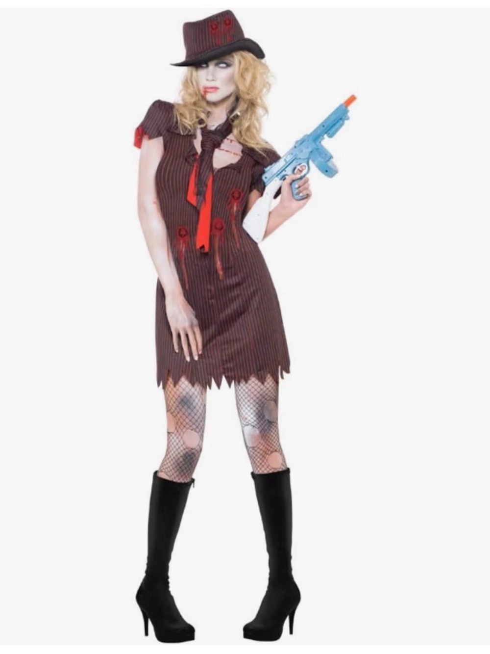 Fever Brown Pinstripe Zombie Flapper Costume with Red Accents
